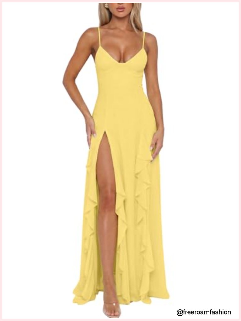 V Neck Spaghetti Strap Maxi Dress With High Slit For Formal Occasions